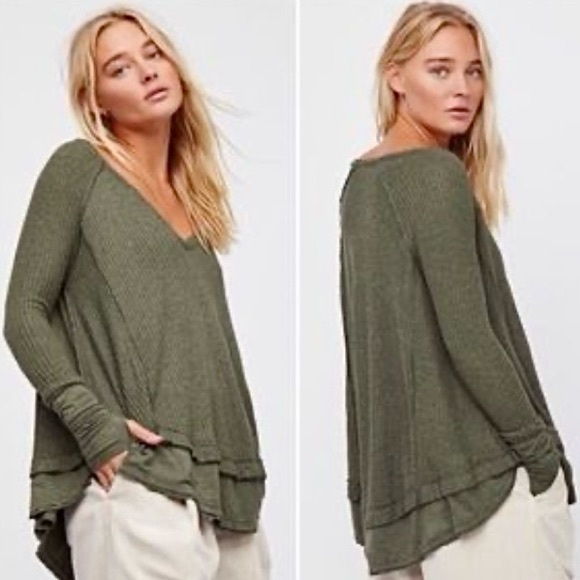 Free People Olive Green Long Sleeve Top We The Army Laguna Thumbhole Small Festi - Picture 2 of 14